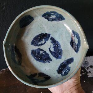 Vtg Studio Pottery Bowl Blue Brushstroke Design Double Spout and Crackle Glaze